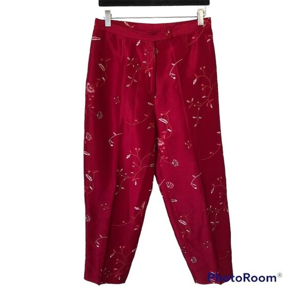 Silk Red Vintage Baggy Pants Women’s Medium Trousers Embroidered Tapered Boho - Picture 1 of 8